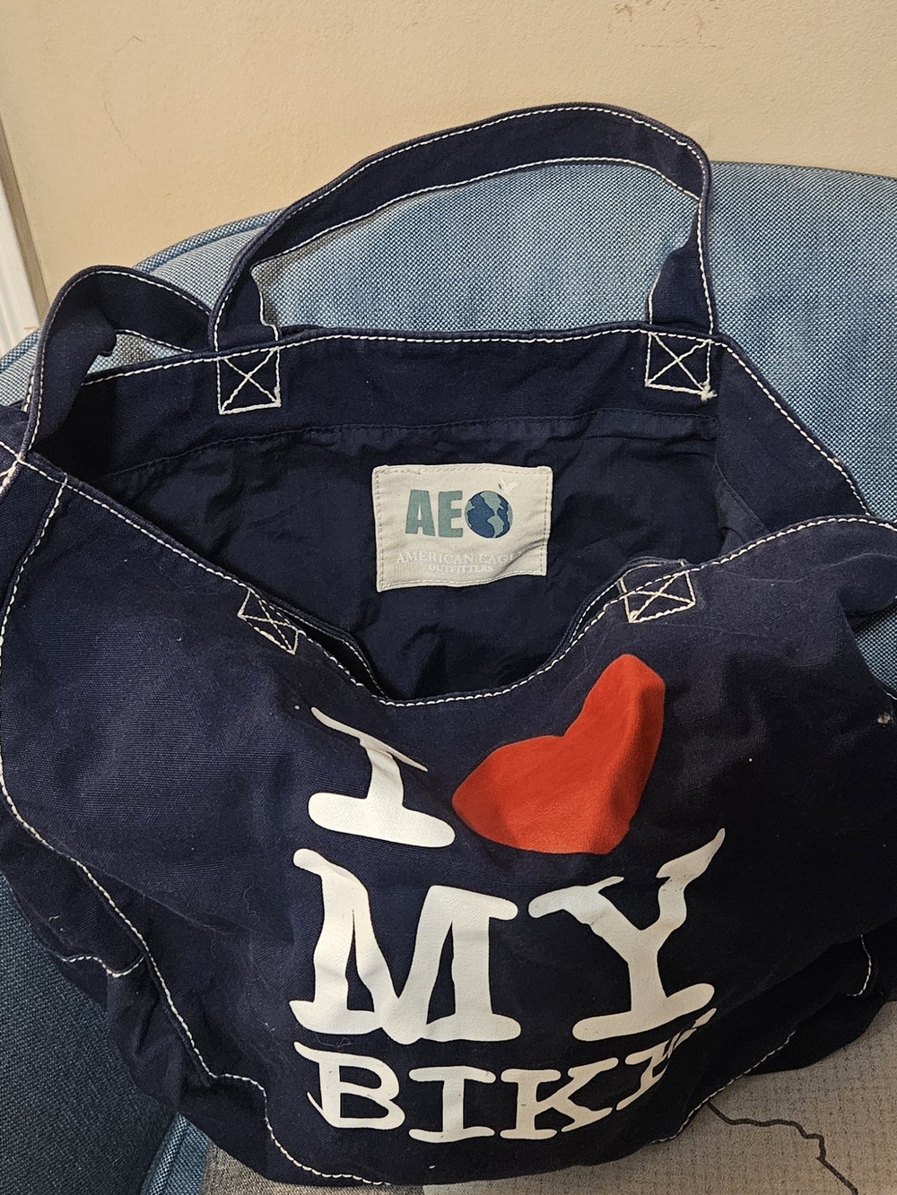 American Eagle Outfitters Navy Canvas Tote with Red Heart Print